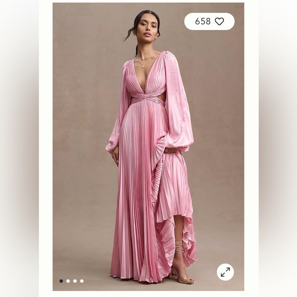 Mac Duggal Pink Pleated Long Sleeve V-Neck Evening Gown